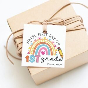Happy First Day of School Gift tag, Back to school printable tag, Teacher gift tags, Rainbow, Apple First Day Favors, Editable Template