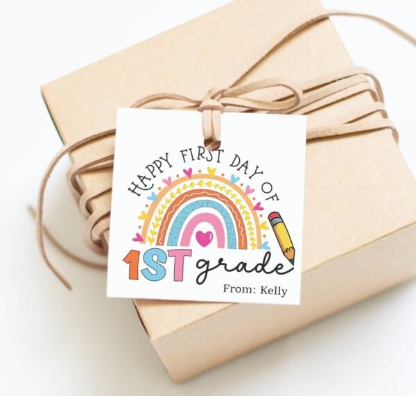 Happy First Day of School Gift tag, Back to school printable tag, Teacher gift tags, Rainbow, Apple First Day Favors, Editable Template