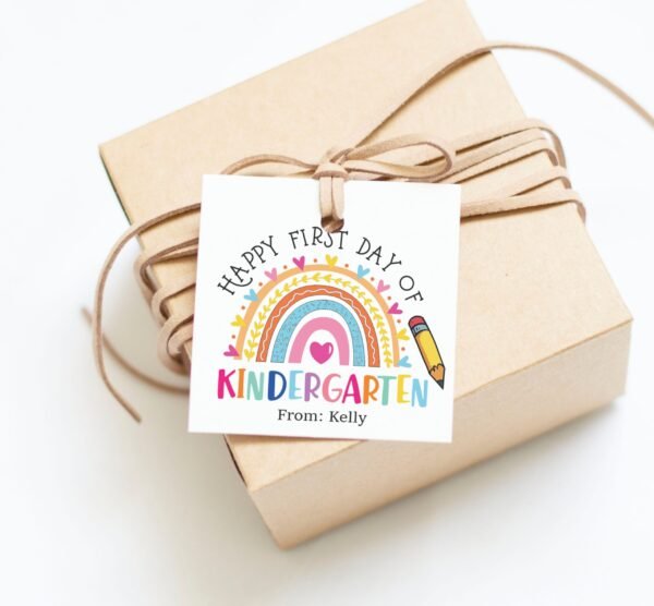 Rainbow Happy First Day of KINDERGARTEN Gift tag, Printable First Day of school printable tag, School Supplies Rainbow Tag Template - Image 2
