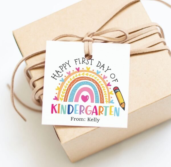 Rainbow Happy First Day of KINDERGARTEN Gift tag, Printable First Day of school printable tag, School Supplies Rainbow Tag Template