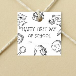 Happy First Day of School Gift tag, Woodland Animals Back to school printable tag, Line Art Teacher Classroom School Tag, Instant download