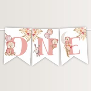 One High Chair Teddy Bear Banner Printable, First Birthday Teddy Bear, One Birthday Girl, Decoration, Printable, Instant download