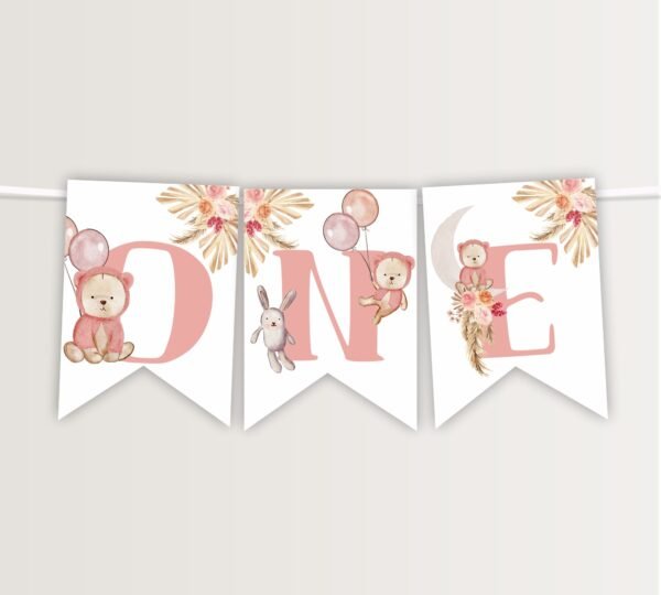 One High Chair Teddy Bear Banner Printable, First Birthday Teddy Bear, One Birthday Girl, Decoration, Printable, Instant download