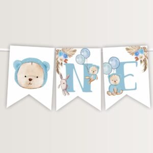 One High Chair Teddy Bear Banner Printable, Boy First Birthday Teddy Bear, One Birthday Boy, Decoration, Printable, Instant download