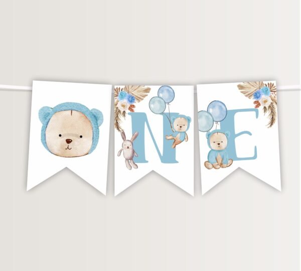 One High Chair Teddy Bear Banner Printable, Boy First Birthday Teddy Bear, One Birthday Boy, Decoration, Printable, Instant download