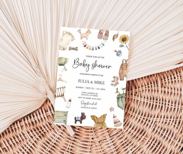Gender Neutral Baby Shower Invitation Template, Boho Baby Shower Invitation, Bohemian Reveal, Baby Clothes Shower Invite, Editable template - Image 3