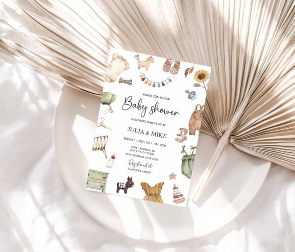 Gender Neutral Baby Shower Invitation Template, Boho Baby Shower Invitation, Bohemian Reveal, Baby Clothes Shower Invite, Editable template - Image 2