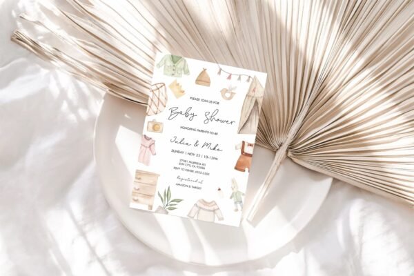 Boho Baby Shower Invitation, Gender Reveal invite, Gender Neutral Baby Shower Invitation, Bohemian, Baby Clothes, Editable template - Image 3
