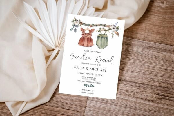 Boho Gender Reveal Invitation, Gender Neutral Baby Shower, Vintage Baby Clothes Gender Reveal Invitation Template, Bohemian Reveal - Image 2