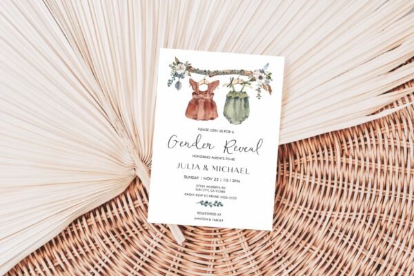 Boho Gender Reveal Invitation, Gender Neutral Baby Shower, Vintage Baby Clothes Gender Reveal Invitation Template, Bohemian Reveal - Image 3
