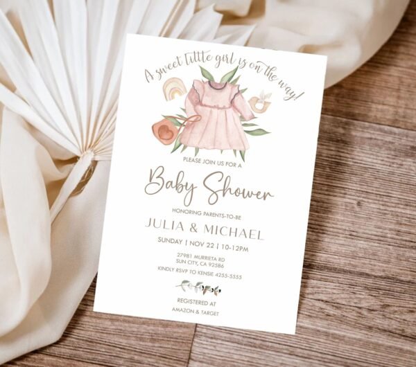 Girl Baby Shower Invitation, Boho Baby Shower Invitation Template, Girl Baby Clothes Shower Invite, Boho Rainbow, Editable template