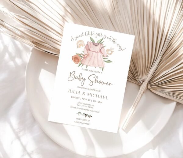 Girl Baby Shower Invitation, Boho Baby Shower Invitation Template, Girl Baby Clothes Shower Invite, Boho Rainbow, Editable template - Image 2