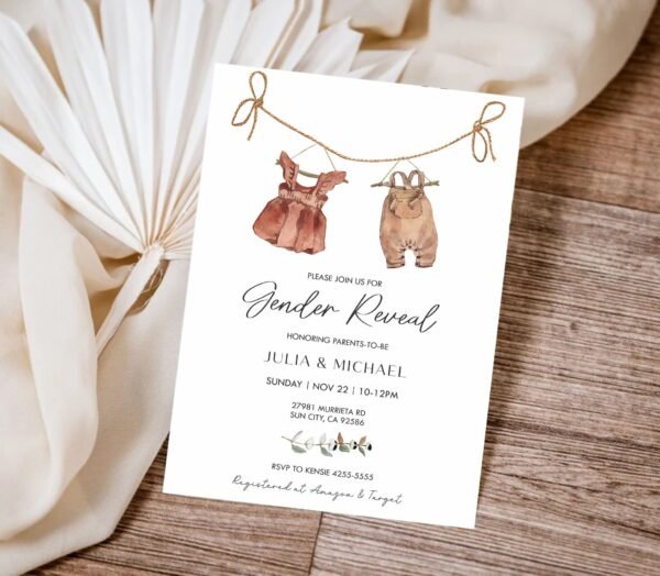 Boho Gender Reveal Invitation, Gender Neutral Baby Shower, Vintage Baby Clothes Gender Reveal Template, Bohemian Reveal, Printable, BH107 - Image 2