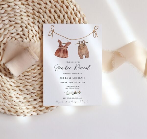 Boho Gender Reveal Invitation, Gender Neutral Baby Shower, Vintage Baby Clothes Gender Reveal Template, Bohemian Reveal, Printable, BH107 - Image 4