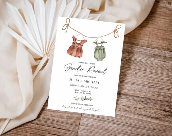 Boho Gender Reveal Invitation Template, Vintage Baby Clothes Gender Reveal invitation, Bohemian Reveal Baby shower, Printable, BH108 - Image 2