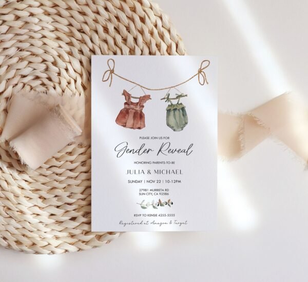 Boho Gender Reveal Invitation Template, Vintage Baby Clothes Gender Reveal invitation, Bohemian Reveal Baby shower, Printable, BH108 - Image 4
