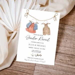 Boho Gender Reveal Invitation, He or She Baby Shower Invitation, Vintage Baby Clothes Gender Reveal Template, Bohemian Reveal, BH109