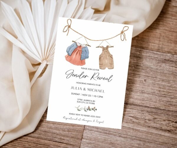 Boho Gender Reveal Invitation, He or She Baby Shower Invitation, Vintage Baby Clothes Gender Reveal Template, Bohemian Reveal, BH109