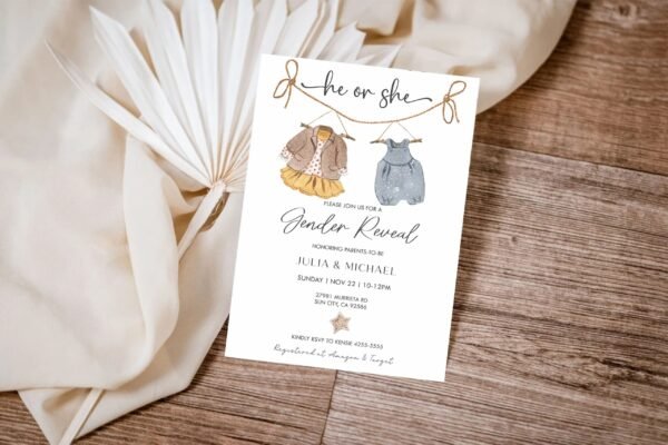 Boho Gender Reveal Invitation, Boho Baby Shower invitation, Girl or Boy, Vintage Baby Clothes Gender Reveal Template, Printable, BH107 - Image 3