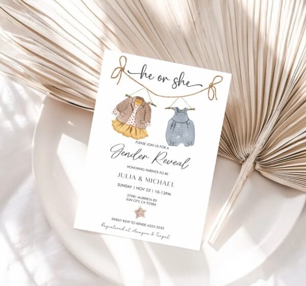 Boho Gender Reveal Invitation, Boho Baby Shower invitation, Girl or Boy, Vintage Baby Clothes Gender Reveal Template, Printable, BH107