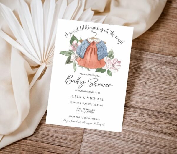 Girl Baby Shower Invitation, Boho Baby Shower Invitation Template, Girl Baby Clothes Shower Invite, Vintage Dress, Editable template, BH111 - Image 2