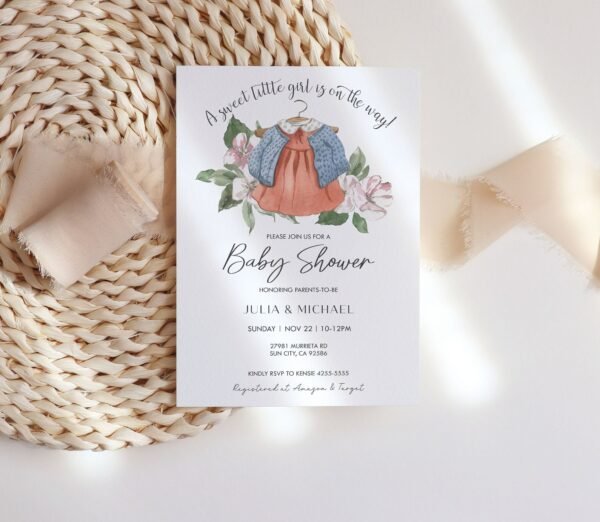 Girl Baby Shower Invitation, Boho Baby Shower Invitation Template, Girl Baby Clothes Shower Invite, Vintage Dress, Editable template, BH111 - Image 3