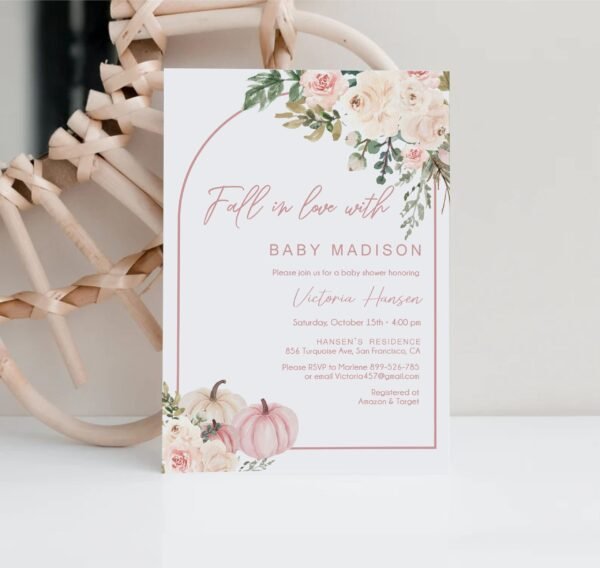 Fall Baby Shower Invitation, Falling in Love Girl Baby Shower Invitation, Autumn Baby Shower Invitation template, Pumpkin Baby shower, BF100 - Image 4