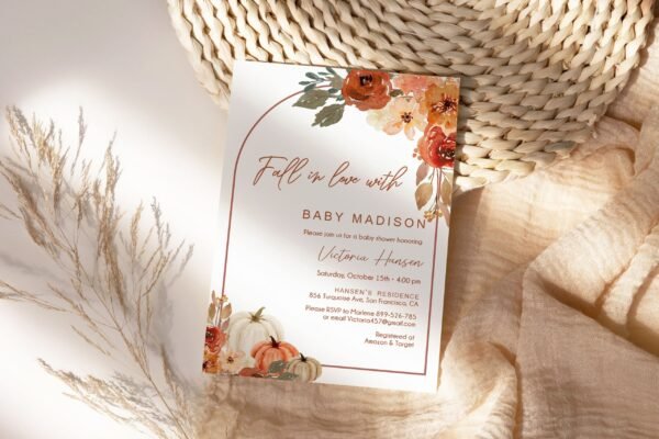 Falling in Love Baby Shower Invitation, Fall Baby Shower Invitation, Autumn Baby Shower, Gender neutral, Pumpkin Baby shower, BF101 - Image 2