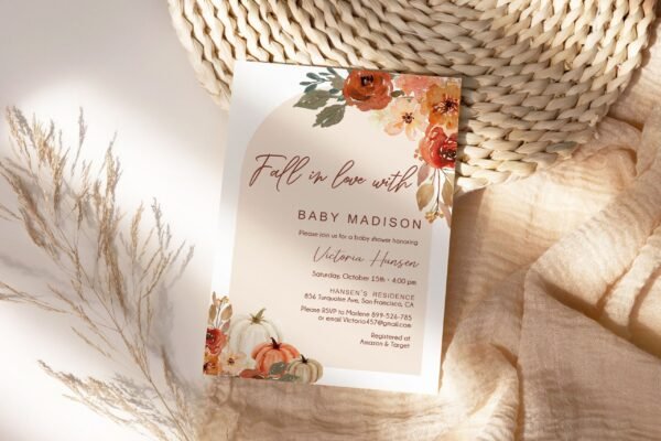 Fall Baby Shower Invitation, Falling in Love Baby Shower Invitation, Autumn Baby Shower, Gender neutral, Pumpkin Baby shower, Editable BF101 - Image 3