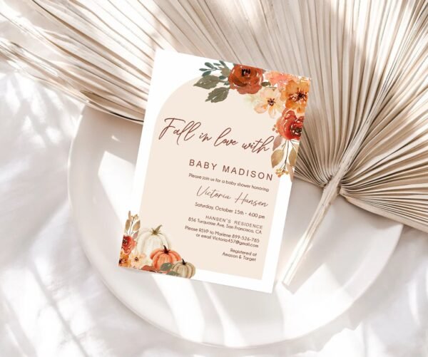 Fall Baby Shower Invitation, Falling in Love Baby Shower Invitation, Autumn Baby Shower, Gender neutral, Pumpkin Baby shower, Editable BF101 - Image 2