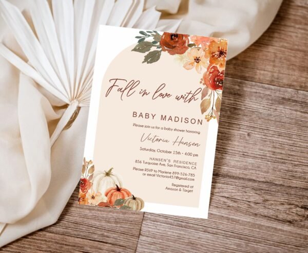 Fall Baby Shower Invitation, Falling in Love Baby Shower Invitation, Autumn Baby Shower, Gender neutral, Pumpkin Baby shower, Editable BF101
