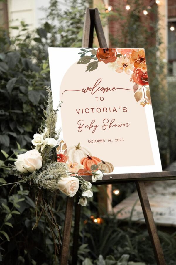 Fall Baby Shower Welcome Sign, Pumpkin Bridal Shower, Autumn Shower, Neutral Baby Shower, Boho Shower Decoration, Printable sign, Editable - Image 3