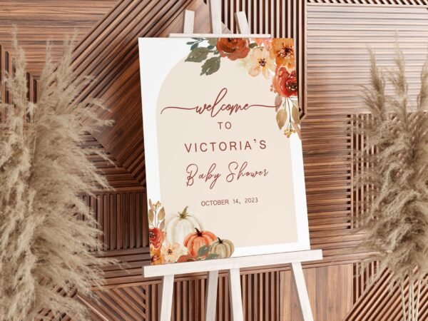 Fall Baby Shower Welcome Sign, Pumpkin Bridal Shower, Autumn Shower, Neutral Baby Shower, Boho Shower Decoration, Printable sign, Editable - Image 2