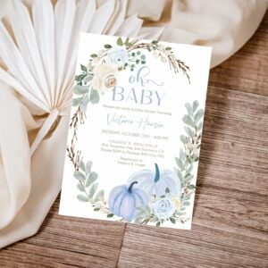 Oh Baby Pumpkin Baby Shower Invitation template, Fall Boy Baby Shower Invite, Little Pumpkin, Blue Pumkins, Editable Template