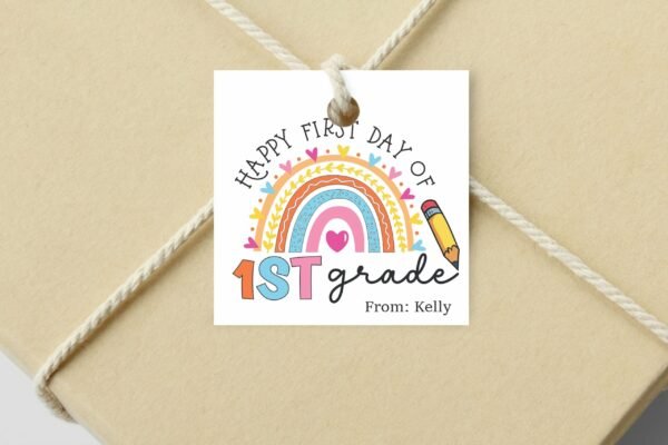 Happy First Day of School Gift tag, Back to school printable tag, Teacher gift tags, Rainbow, Apple First Day Favors, Editable Template - Image 2