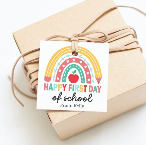 Printable Rainbow Happy First Day of School Gift tag, Editable Teacher Classroom School Tag, Back to school printable tag, Template - Image 2