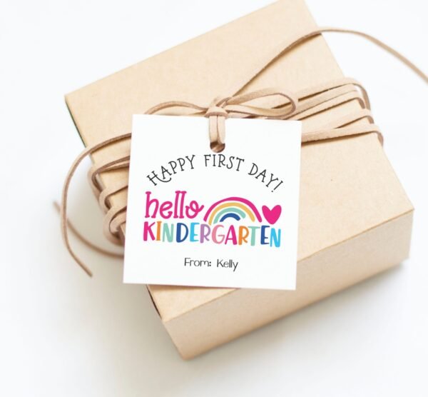 Printable Rainbow Happy First Day of Kindergarten Gift tag, Editable Teacher Classroom School Tag, First Day of school printable tag - Image 2