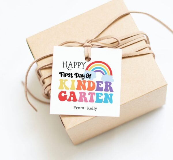 Rainbow Happy First Day of Kindergarten Gift tag, Printable First Day of school printable tag, Editable Teacher Classroom School Tag - Image 2