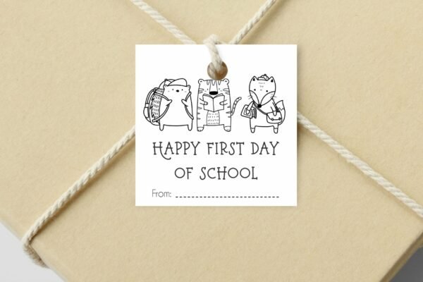 Woodland Animals Happy First Day of School Gift tag, Line Art Teacher Classroom School Tag, Back to school printable tag, Instant download