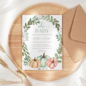 Fall Baby Shower Invitation Template, Fall baby shower Gender Neutral, Autumn baby shower Printable Invitation, Wreath, Pumpkins, BF106