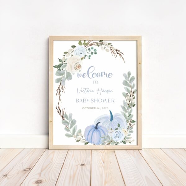 Boy Pumpkin Baby Shower Welcome Sign, Fall Baby Shower Sign, Autumn Baby shower, Blue Pumkins Baby Shower Decoration, Printable sign - Image 3
