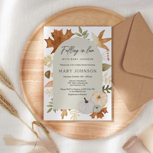 Falling in Love Baby Shower Invitation, Autumn Babyl Shower Invitation template, Boho invite, Pumpkins and Autumn Leaves, Floral watercolor - Image 3