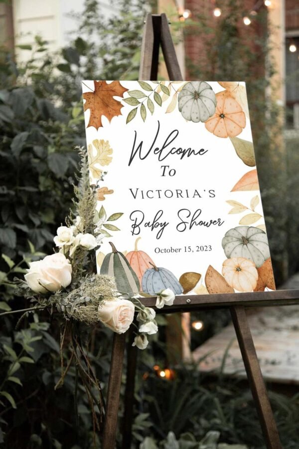 Falling in Love Baby Shower Invitation, Autumn Babyl Shower Invitation template, Boho invite, Pumpkins and Autumn Leaves, Floral watercolor - Image 4