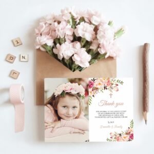 First Holy Communion Thank You Card, Girl PHOTO First Communion, Printable Thank You card, Floral Gold rose, Editable Templated, FC08