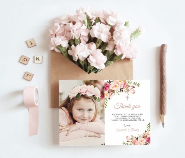 First Holy Communion Thank You Card, Girl PHOTO First Communion, Printable Thank You card, Floral Gold rose, Editable Templated, FC08
