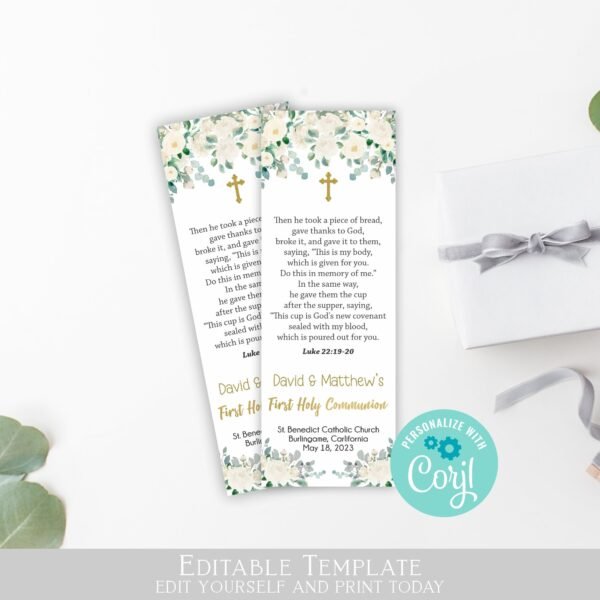 Boy or Girl First Holy Communion Bookmark, Greenery Neutral Communion, Printable Bookmarks, Communion favors, Floral watercolor, Editable