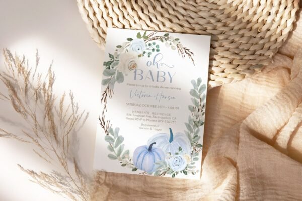 Oh Baby Pumpkin Baby Shower Invitation template, Fall Boy Baby Shower Set, Little Pumpkin Baby Shower, Blue Pumkins, Editable Template - Image 4