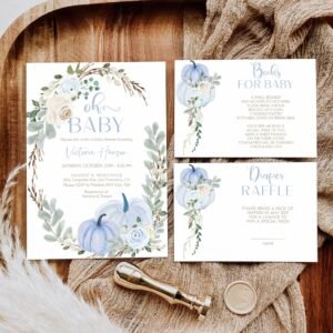Oh Baby Pumpkin Baby Shower Invitation template, Fall Boy Baby Shower Set, Little Pumpkin Baby Shower, Blue Pumkins, Editable Template