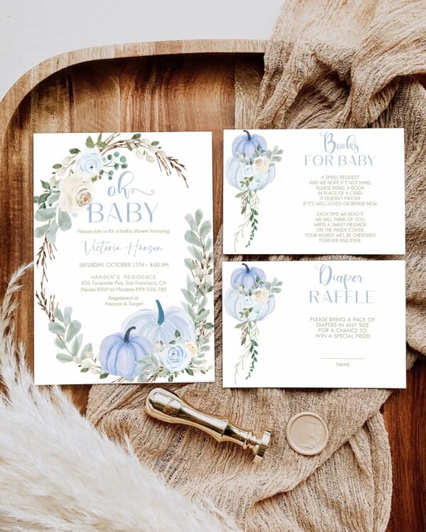 Oh Baby Pumpkin Baby Shower Invitation template, Fall Boy Baby Shower Set, Little Pumpkin Baby Shower, Blue Pumkins, Editable Template