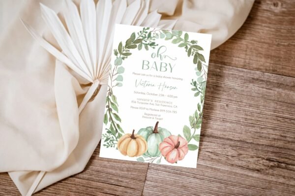 Fall Baby Shower Invitation Template, Fall baby shower Gender Neutral, Autumn baby shower Printable Invitation, Wreath, Pumpkins, BF106 - Image 2